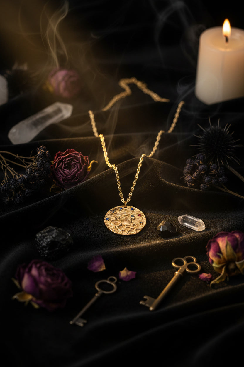 Gold necklace with a round pendant on a white background