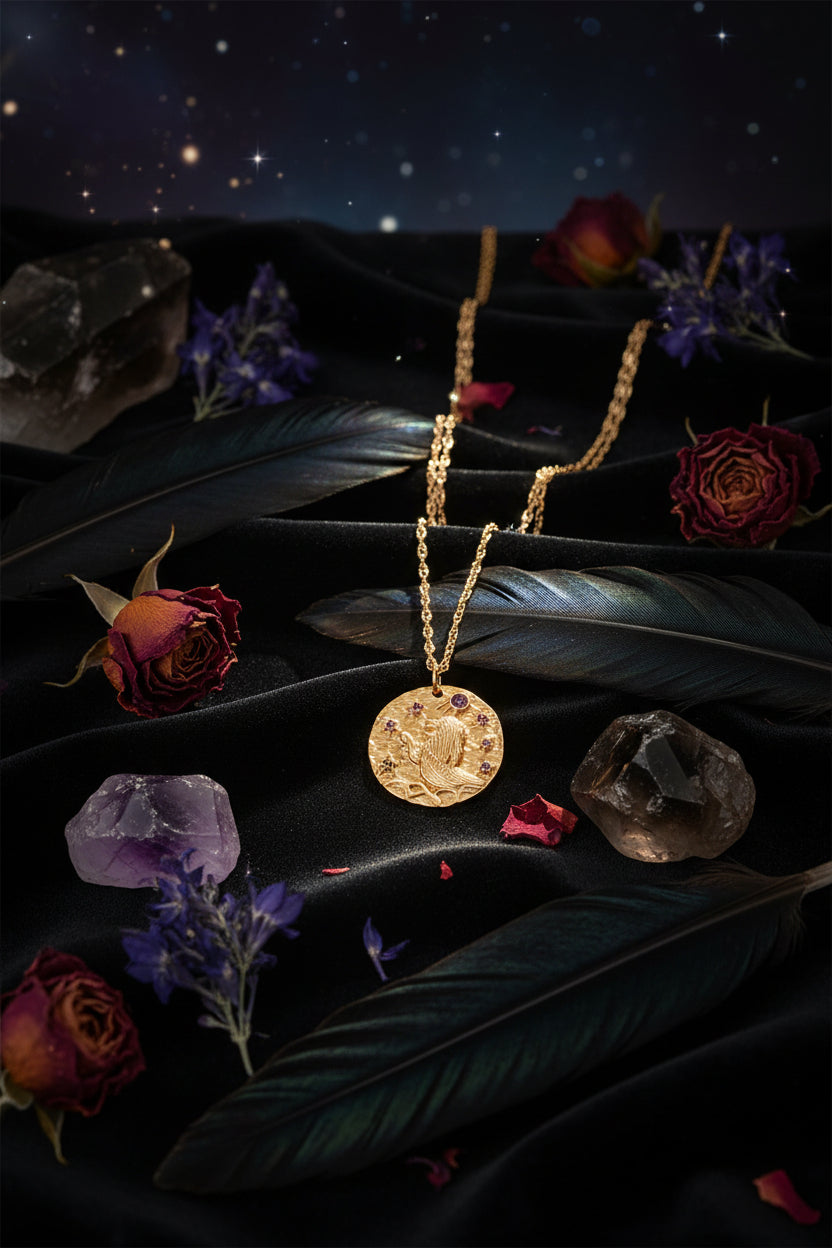 Gold necklace with a circular pendant on a white background