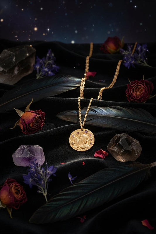 Gold necklace with a circular pendant on a white background