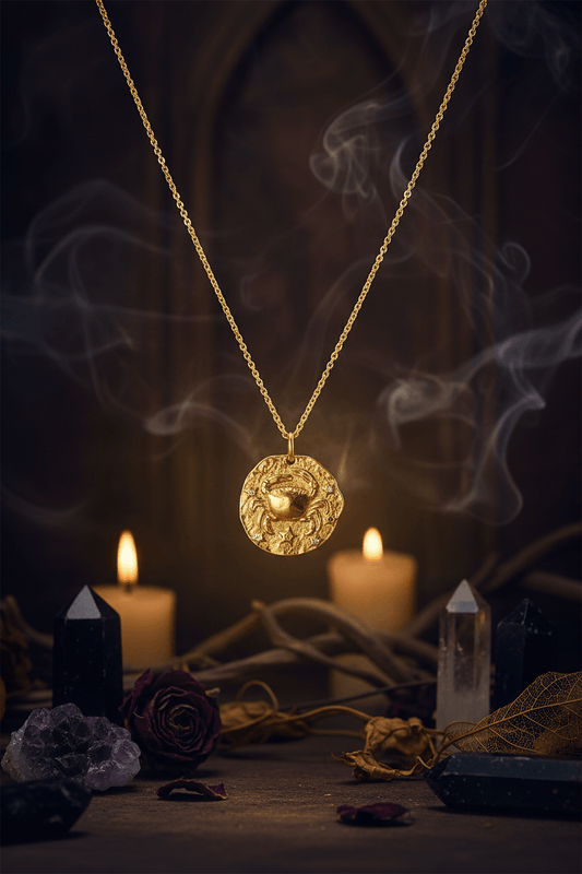 Gold necklace with a round pendant on a white background