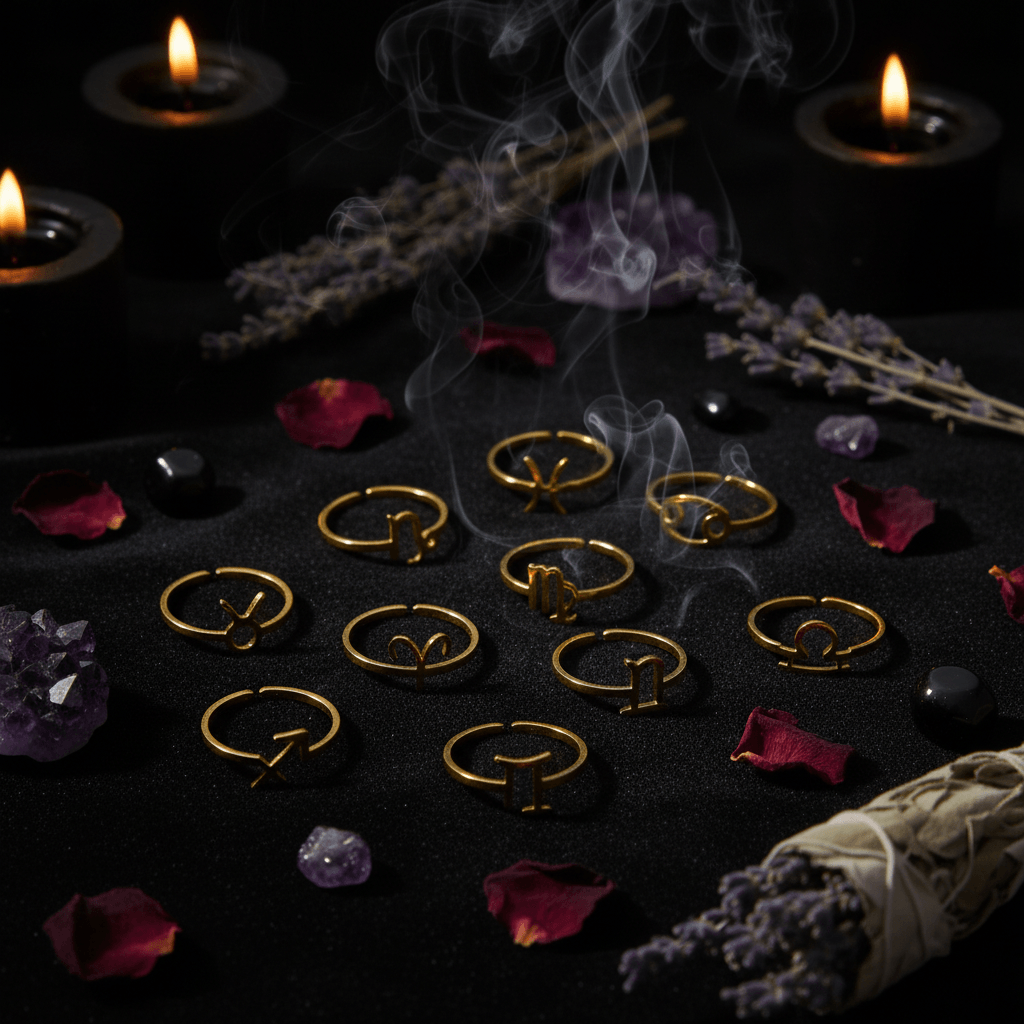 Gold rings with zodiac symbols on a beige fabric background