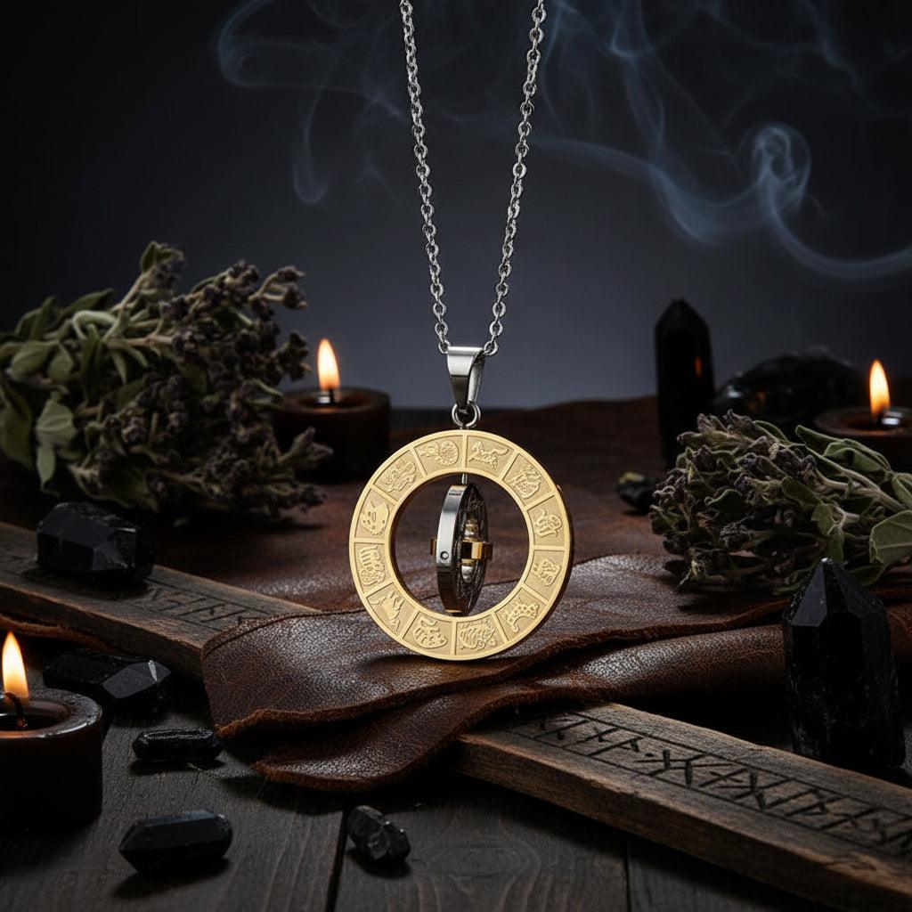 Gold and silver pendant with astrological symbols on a black background