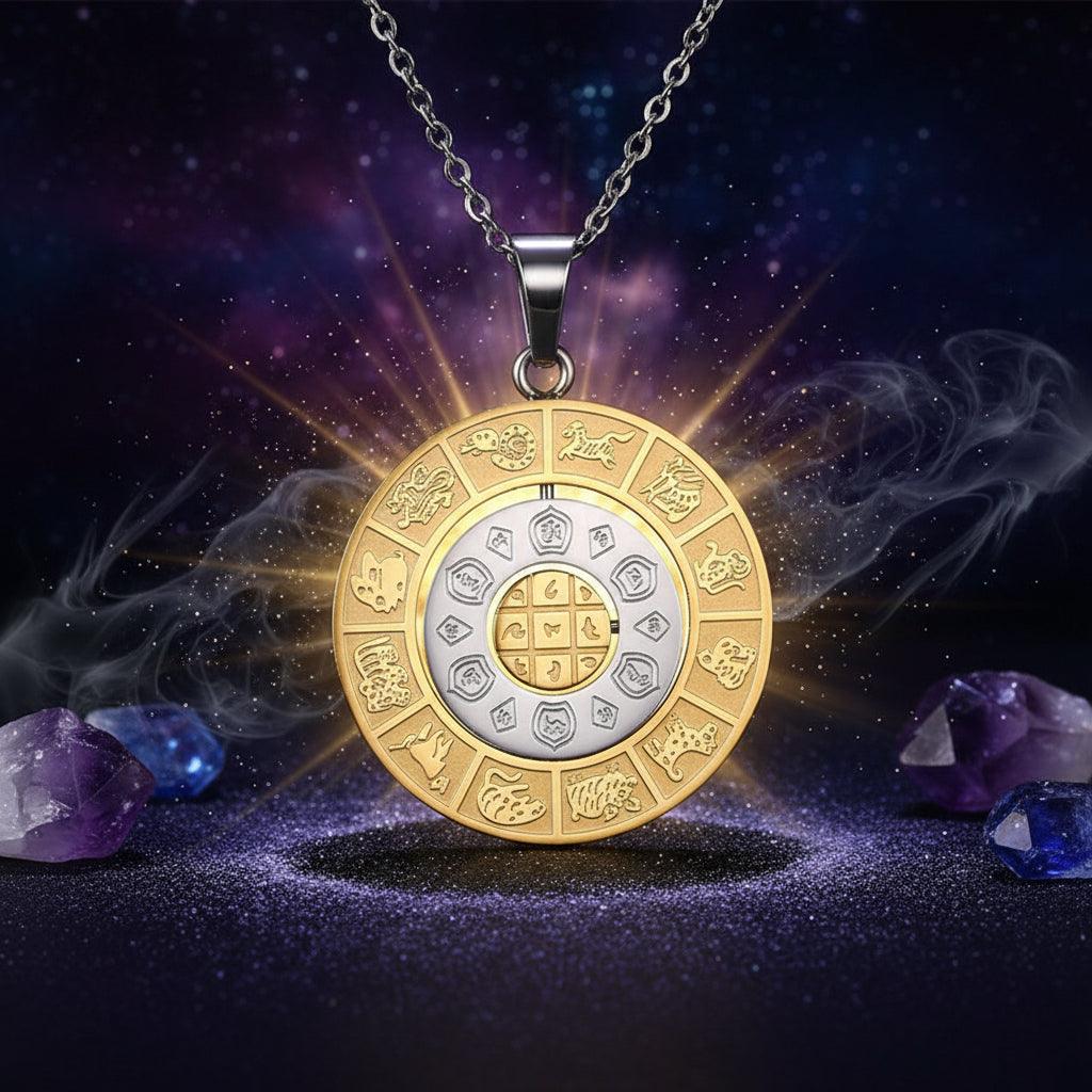 Gold and silver pendant with zodiac symbols on a black background