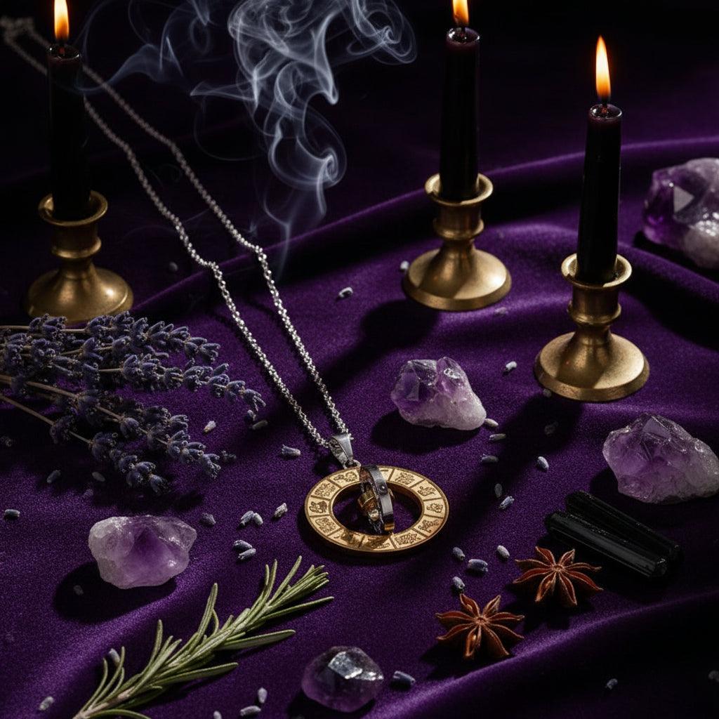 Gold and silver pendant with astrological symbols on a black background