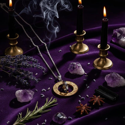 Gold and silver pendant with astrological symbols on a black background