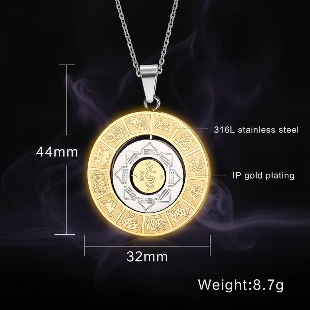 Gold and silver circular pendant with measurements and material details on a white background
