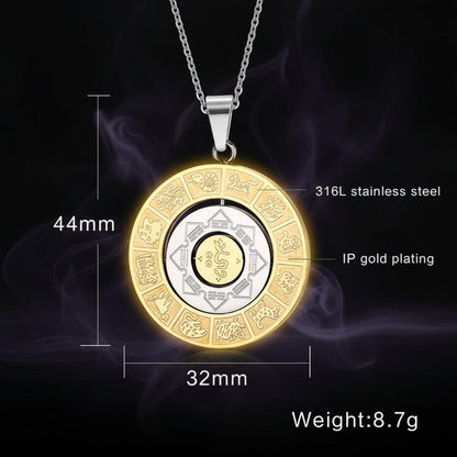 Gold and silver circular pendant with measurements and material details on a white background