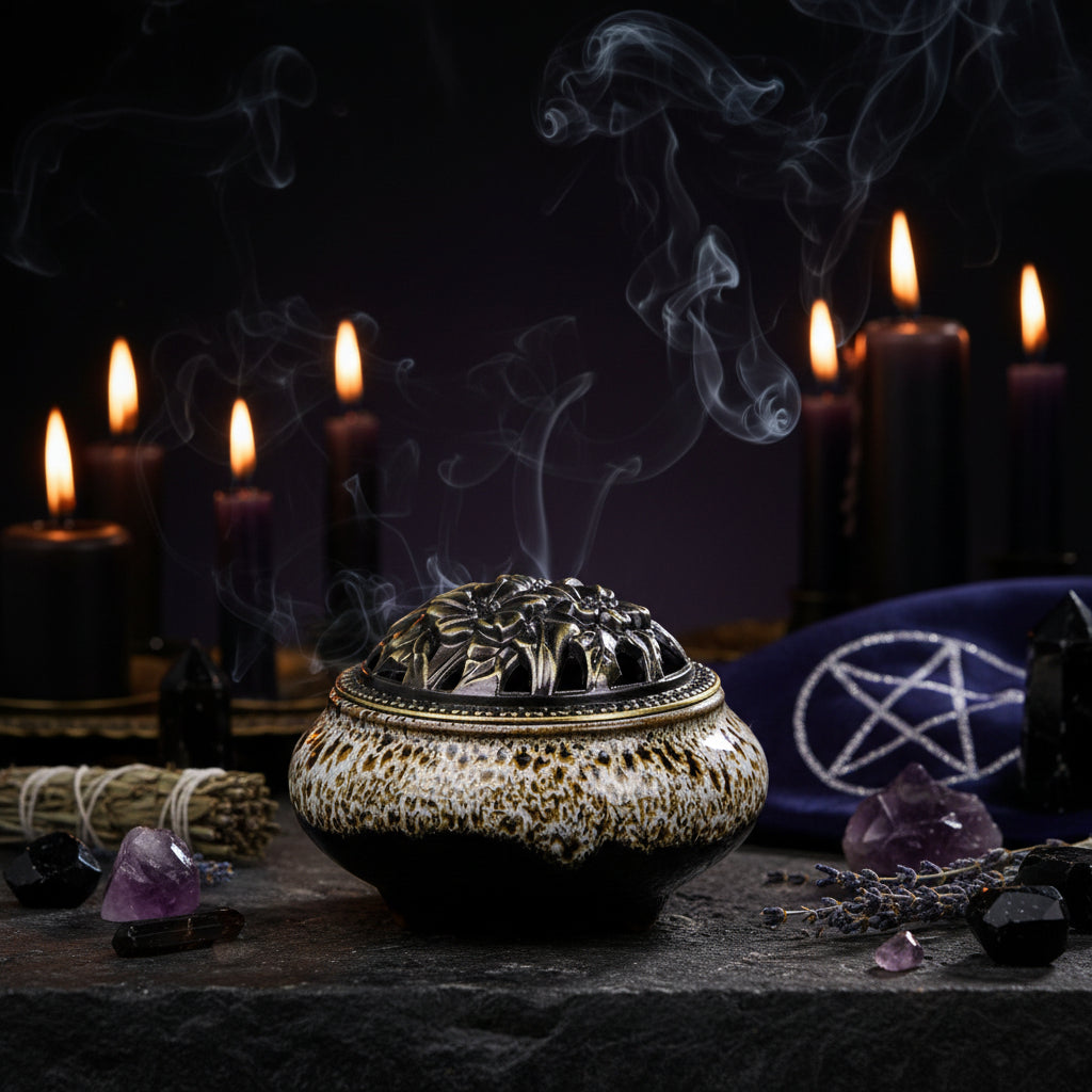 Ceramic incense burner with decorative lid on a wooden surface
