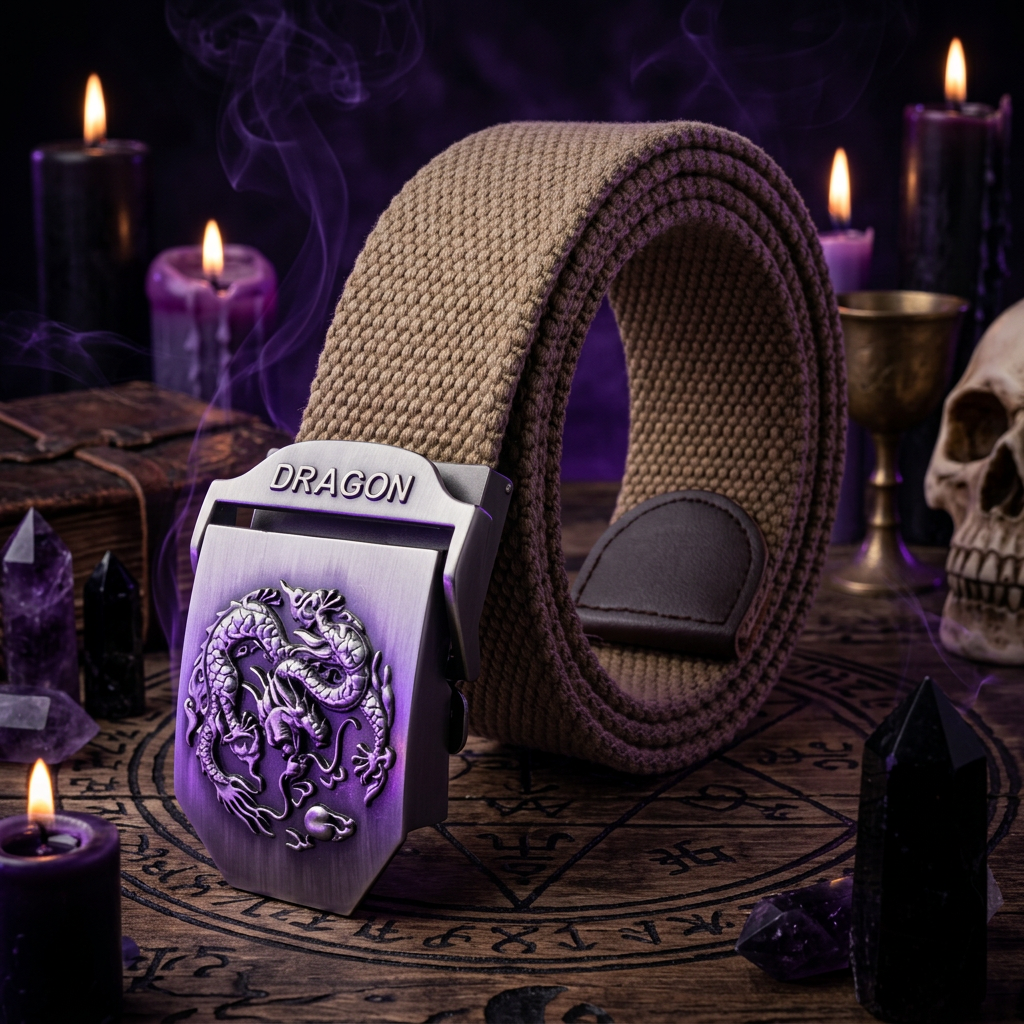 A beige woven canvas belt with a silver-toned metal buckle featuring an embossed dragon design and the word 'DRAGON' on the keeper, shown on a white background.