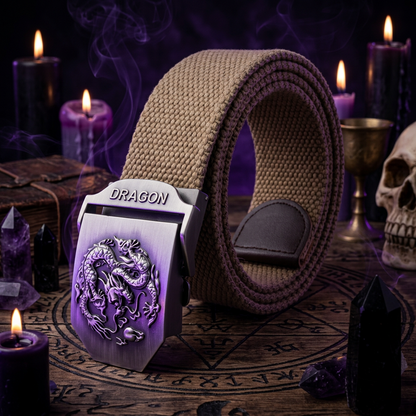 A beige woven canvas belt with a silver-toned metal buckle featuring an embossed dragon design and the word 'DRAGON' on the keeper, shown on a white background.