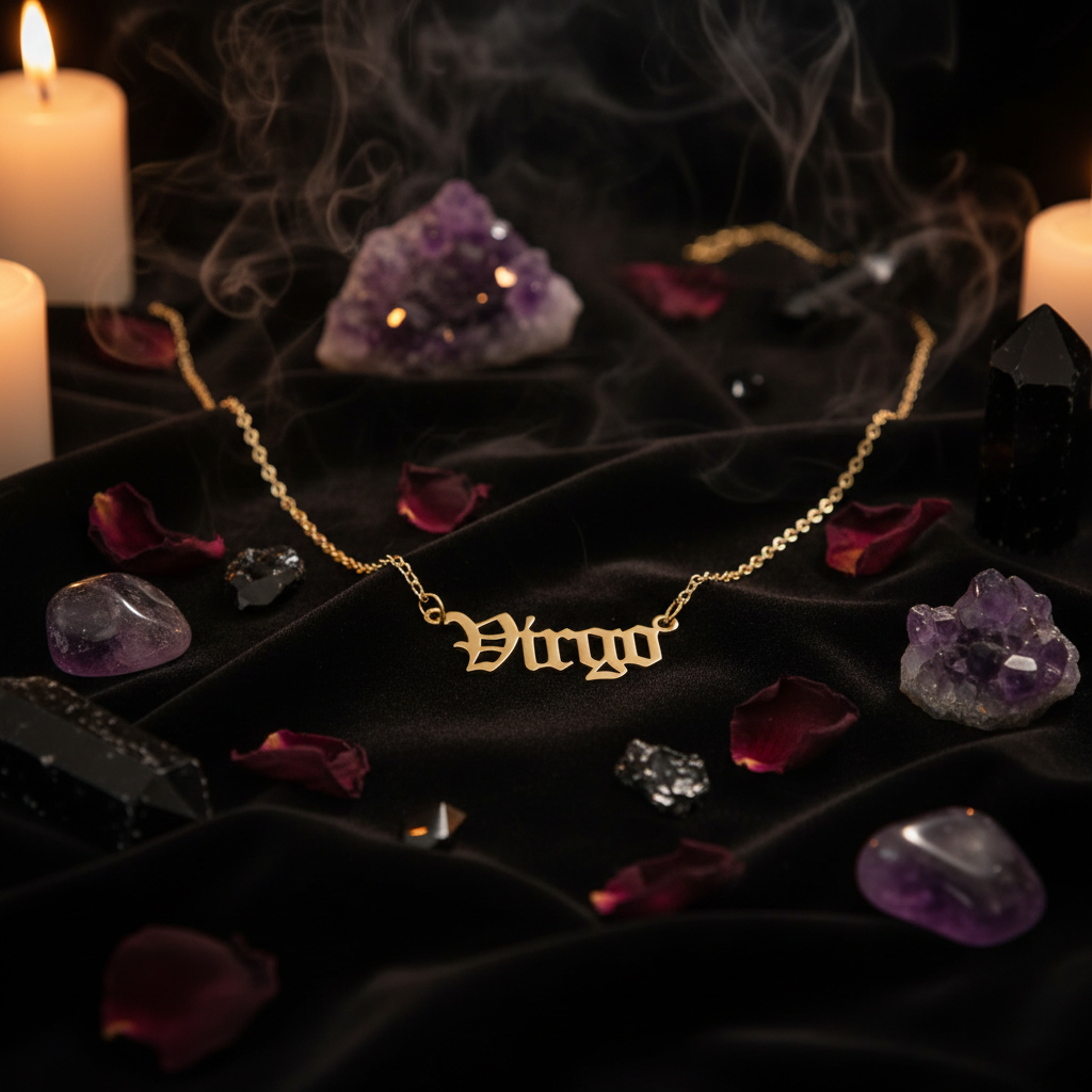A gold chain necklace with a gothic-style 'Virgo' nameplate pendant, displayed against a solid black background.