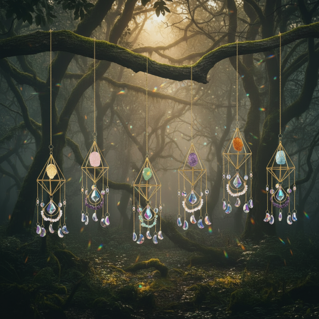 Six gold geometric wind chimes arranged in a 2x3 grid on a white background, each with hanging clear beads and iridescent crystal drops in different pastel and rainbow colors.