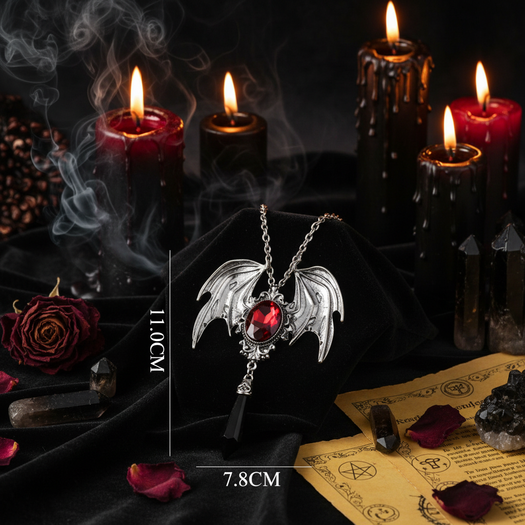 Silver dragon wing pendant necklace with a red faceted gemstone and a black teardrop charm, shown with dimension markings of 11.0cm height and 7.