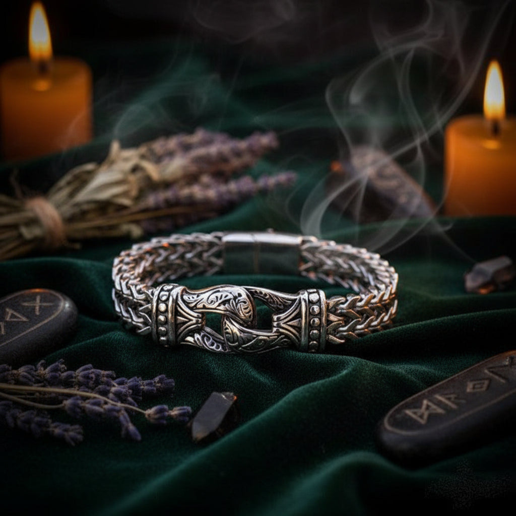 A silver-toned braided chain bracelet with an ornate central clasp featuring a Viking helmet motif, displayed on a dark textured stone surface.