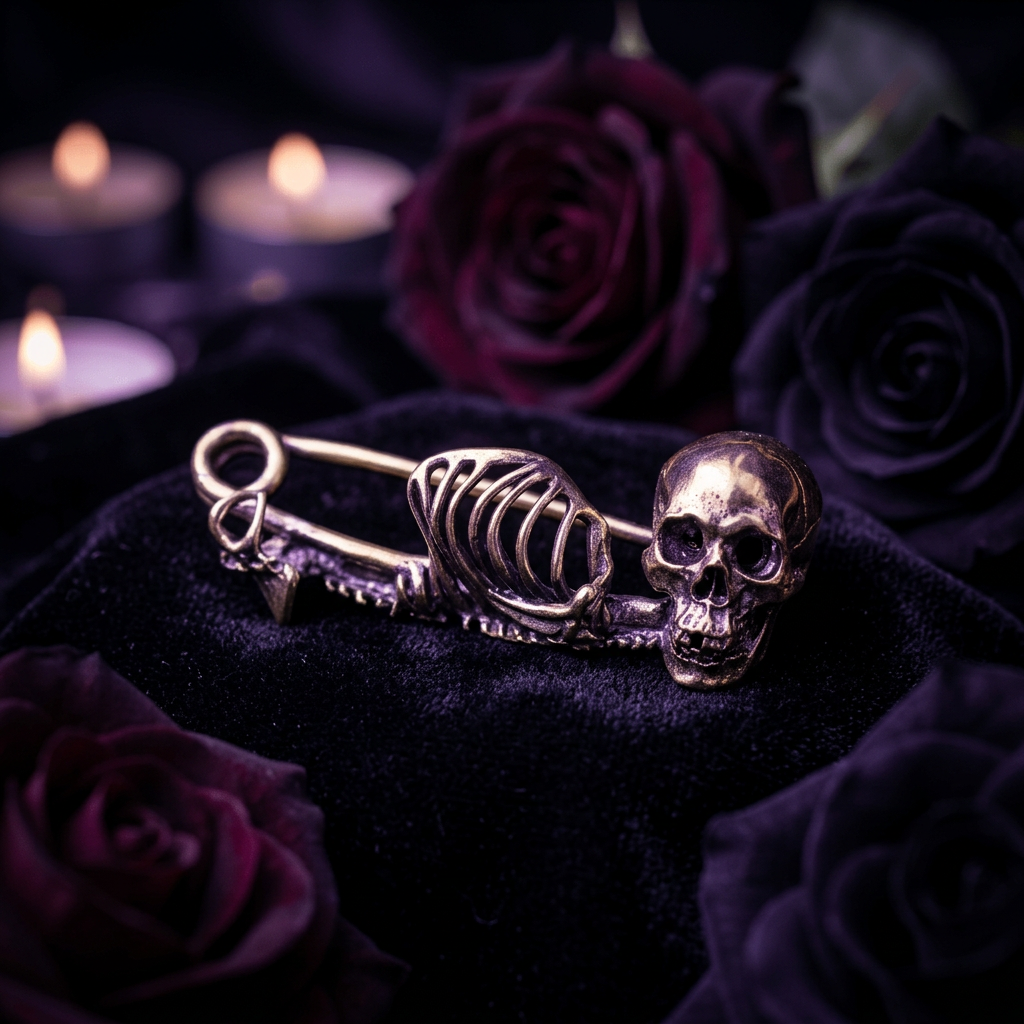 Two metallic safety-pin style earrings with skull and ribcage motifs, shown resting on a person's fingers against a warm brown background.
