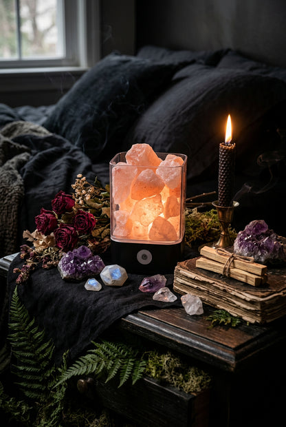 Himalayan salt lamp with clear glass container filled with pink salt crystals on a white background.