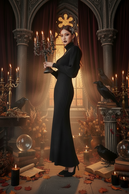 Retro Lantern Sleeve High Neck Mermaid Dress Sorceress Sanctuary