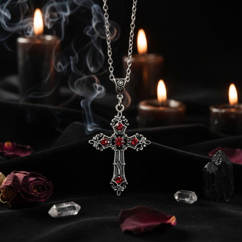 Silver cross necklace with red stones on a white background