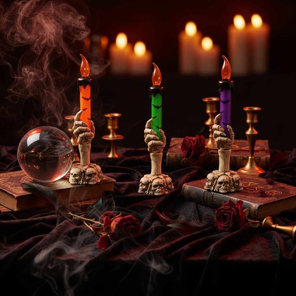 Three colorful candles with skeleton hands on a white surface with books underneath.