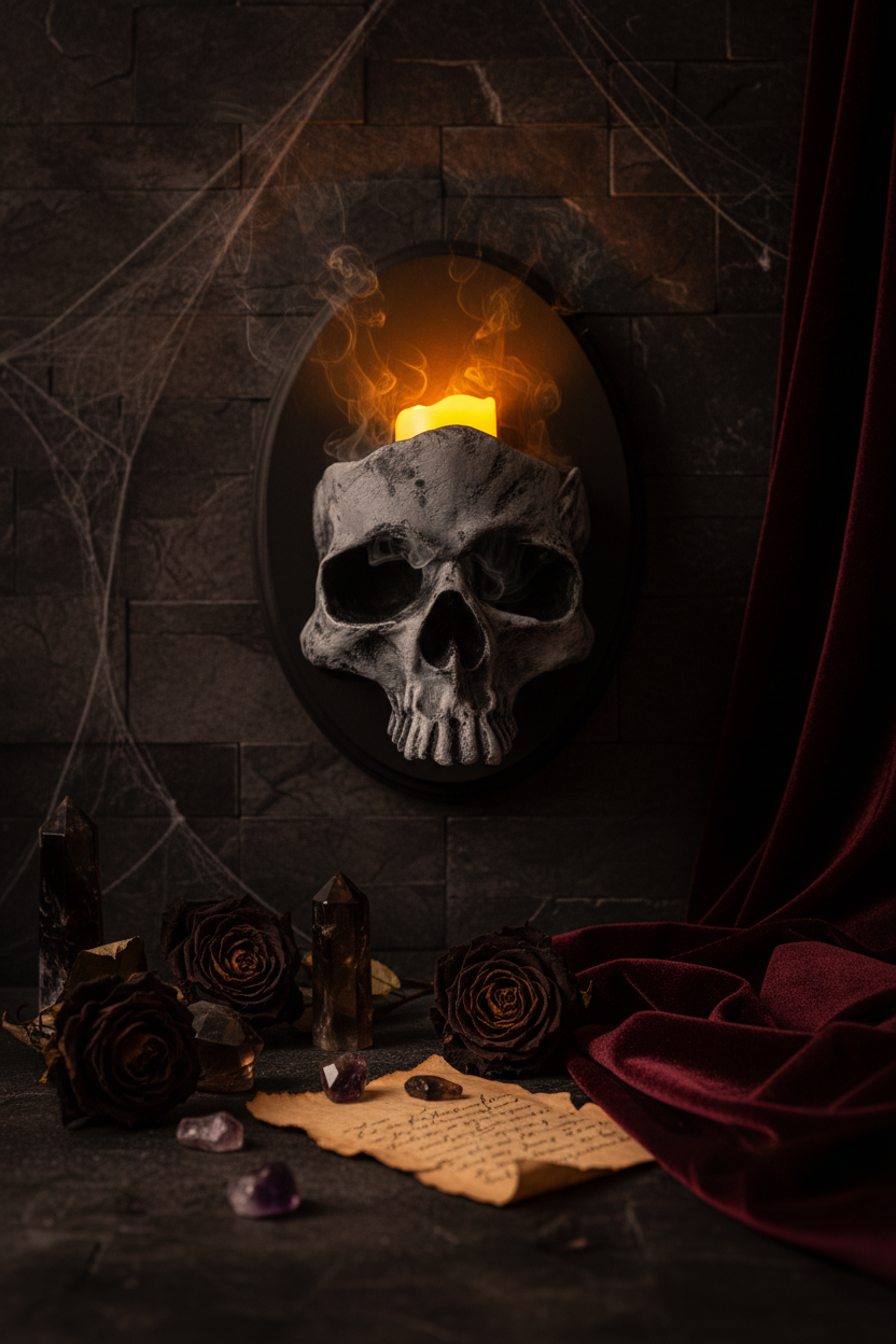Skull-shaped wall light fixture with glowing yellow interior on a neutral background