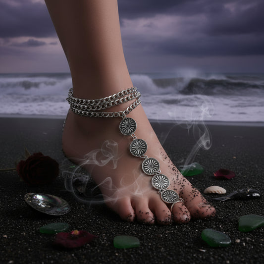 Silver anklet with floral designs on a foot against a white background