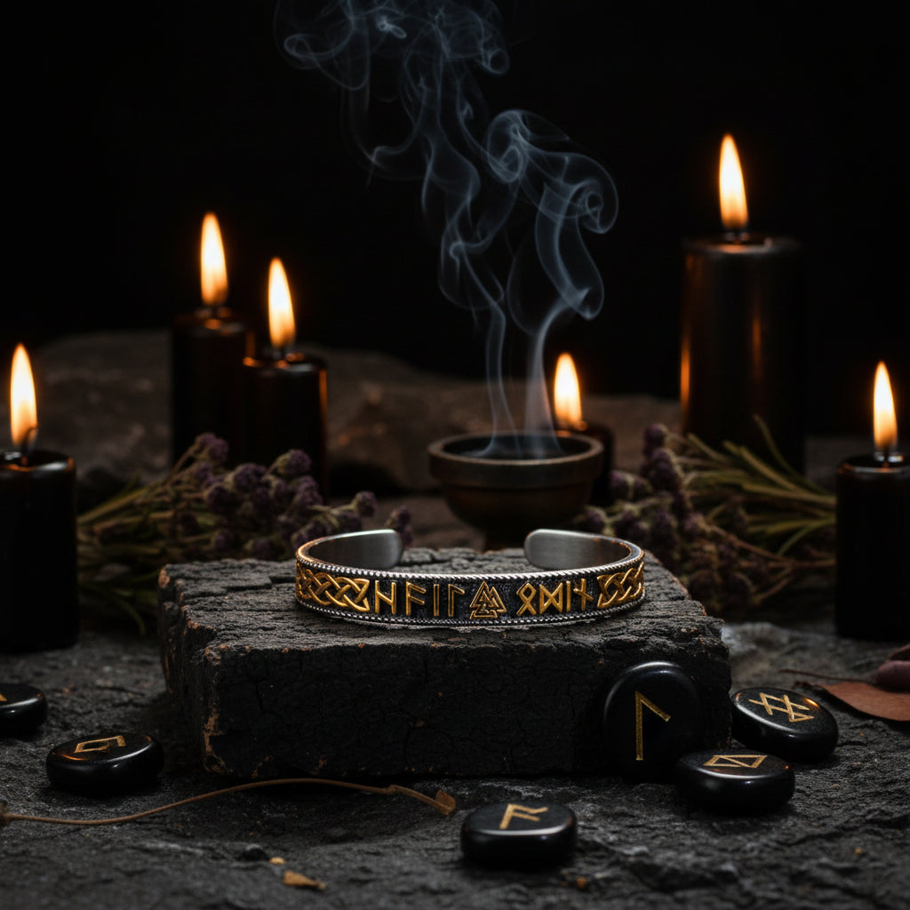 Runic bracelet on a textured stone surface with leaves