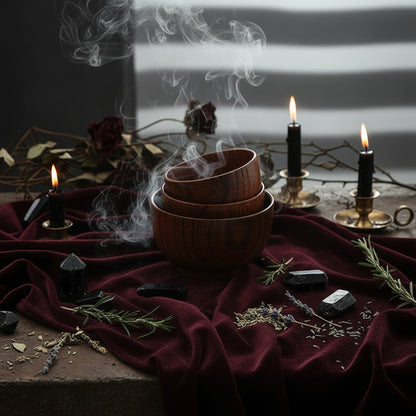 Set of wooden bowls on a textured surface with a neutral background