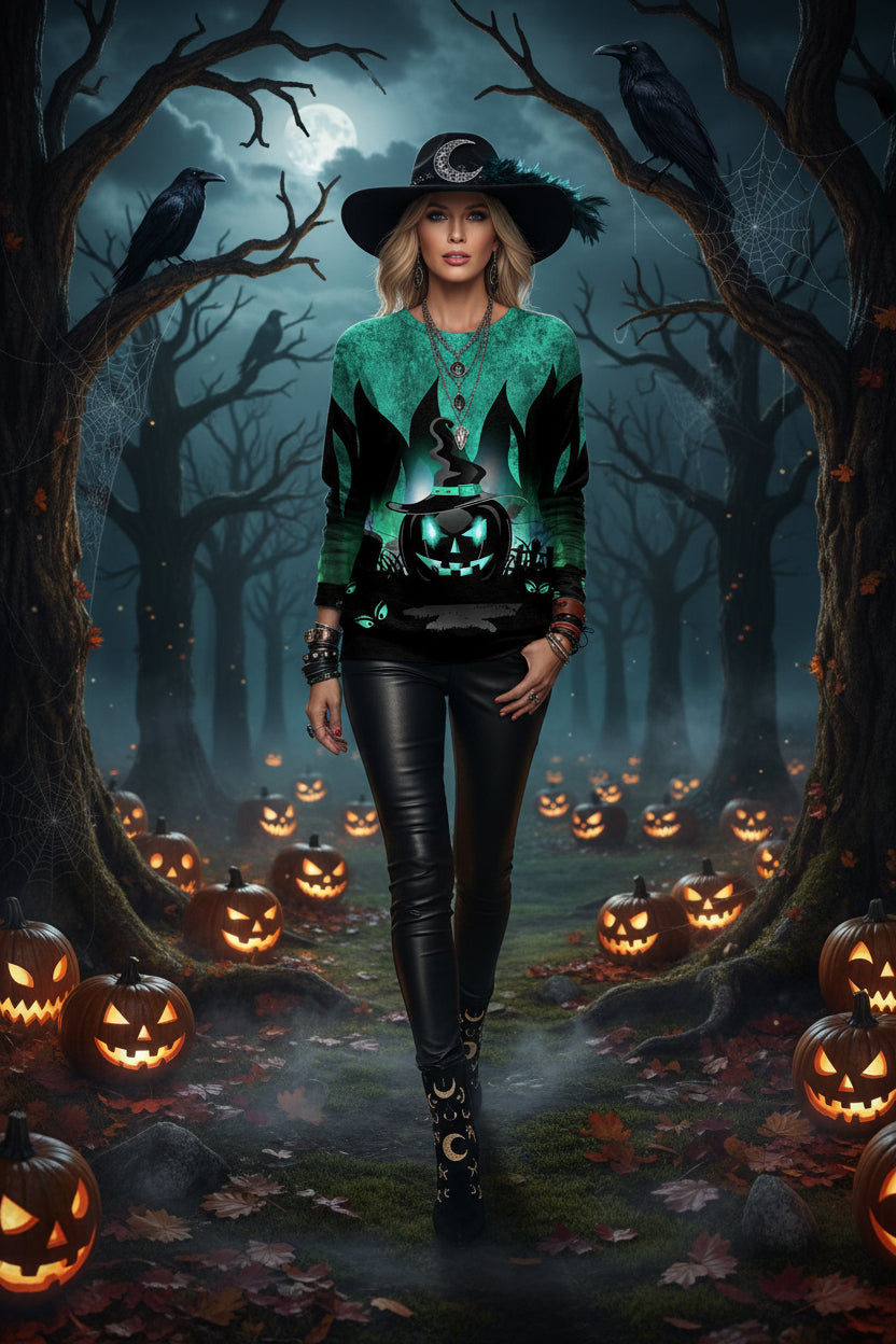 Person wearing a green Halloween-themed sweatshirt with a pumpkin and witch hat design.