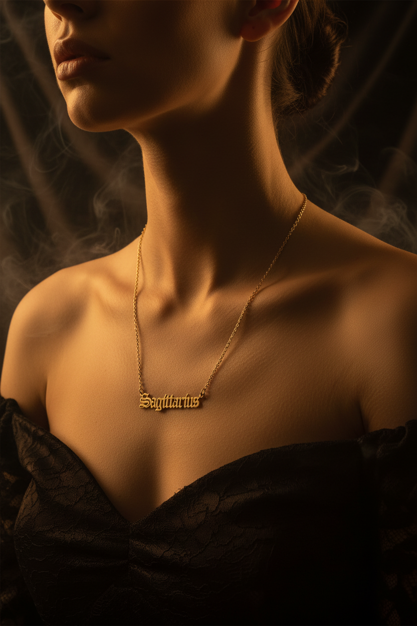 Gold 'Sagittarius' necklace on a black background
