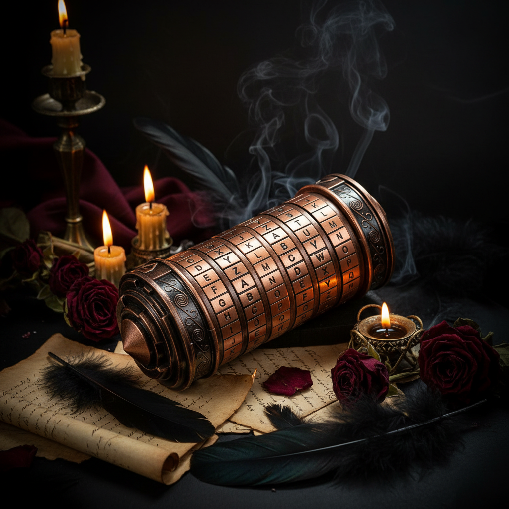 A bronze-colored cylindrical puzzle box with engraved alphabet rings and decorative scrollwork on the ends, shown on a plain white background.
