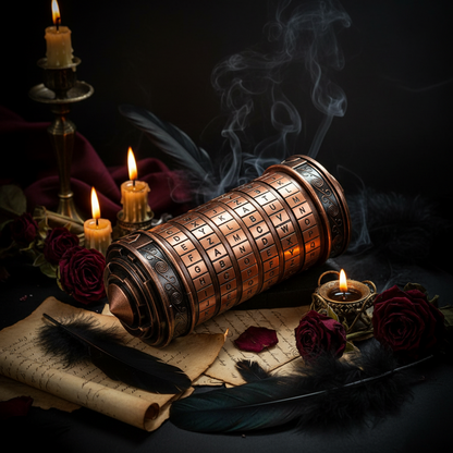 A bronze-colored cylindrical puzzle box with engraved alphabet rings and decorative scrollwork on the ends, shown on a plain white background.