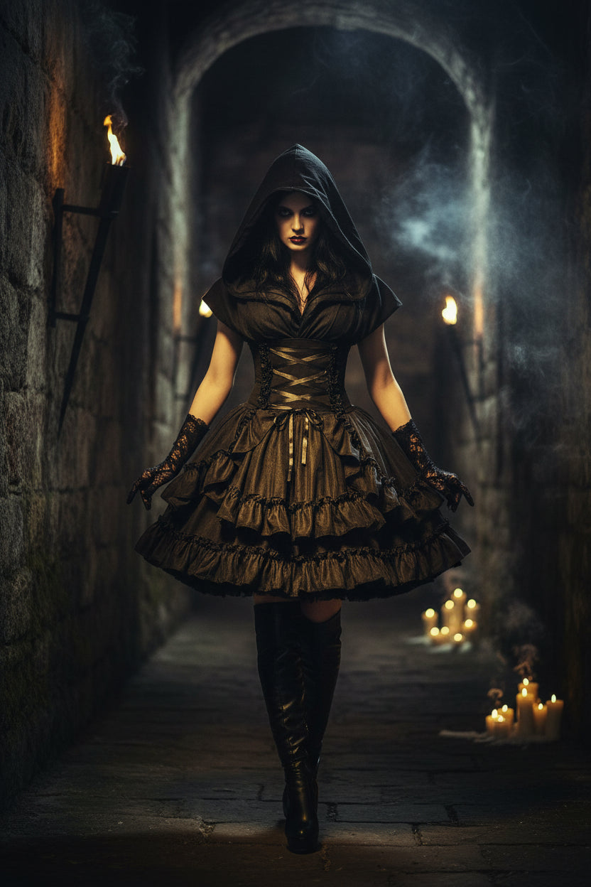Gothic Black Lolita Steampunk High Waist Skirt with Ruffles Sorceress Sanctuary