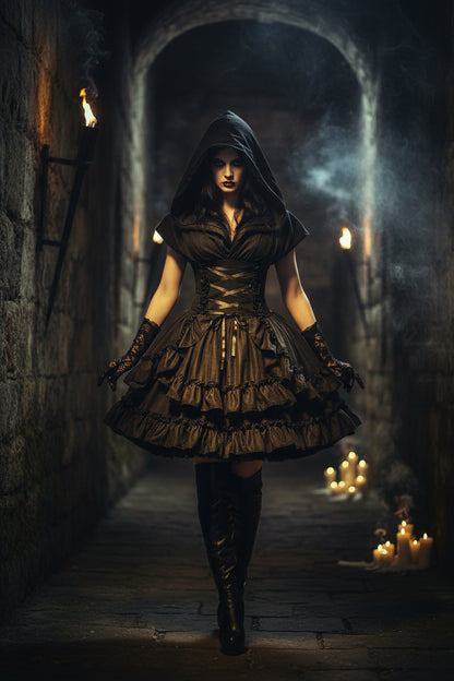 Gothic Black Lolita Steampunk High Waist Skirt with Ruffles Sorceress Sanctuary