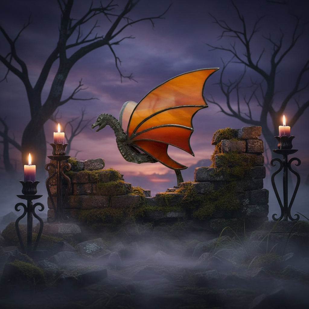 A dragon-shaped brooch featuring a textured dark metallic body and large translucent orange wings outlined in dark metal, shown on a plain white background.