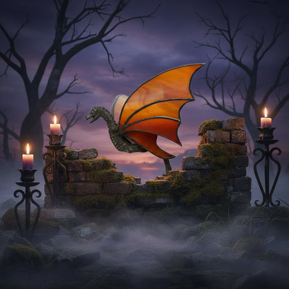 A dragon-shaped brooch featuring a textured dark metallic body and large translucent orange wings outlined in dark metal, shown on a plain white background.