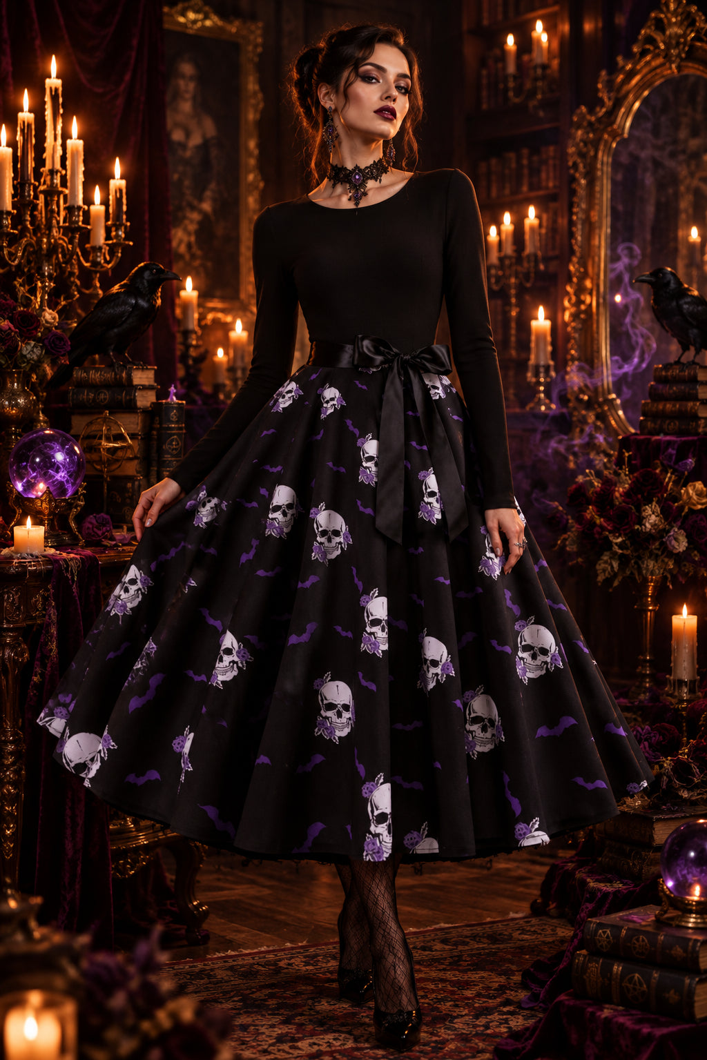 Black dress with skull pattern on a white background
