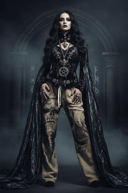 Beige pants with skull designs worn by a person on a plain background