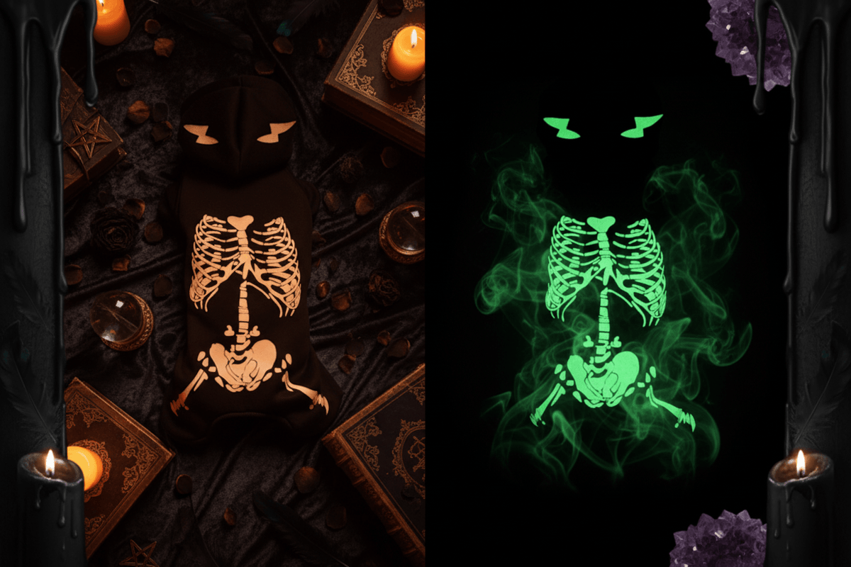 A black plush pet hoodie shown from the back, featuring a skeleton graphic. The left side shows the design in normal light as white, while the right side shows it glowing green in the dark.