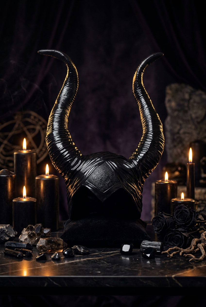Black horned headpiece on a white background