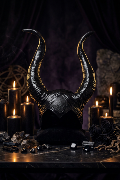 Black horned headpiece on a white background