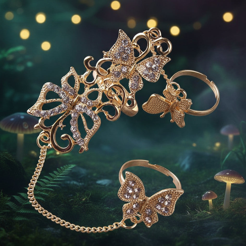Gold-tone butterfly-themed jewelry set featuring a large ornate butterfly headband with dangling chain, a matching butterfly ring, and a small butterfly charm, all embellished with clear rhinestones on a white background.