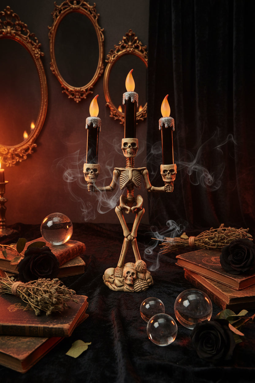 Skeleton candle holder with three lit candles on a light blue background