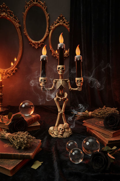 Skeleton candle holder with three lit candles on a light blue background