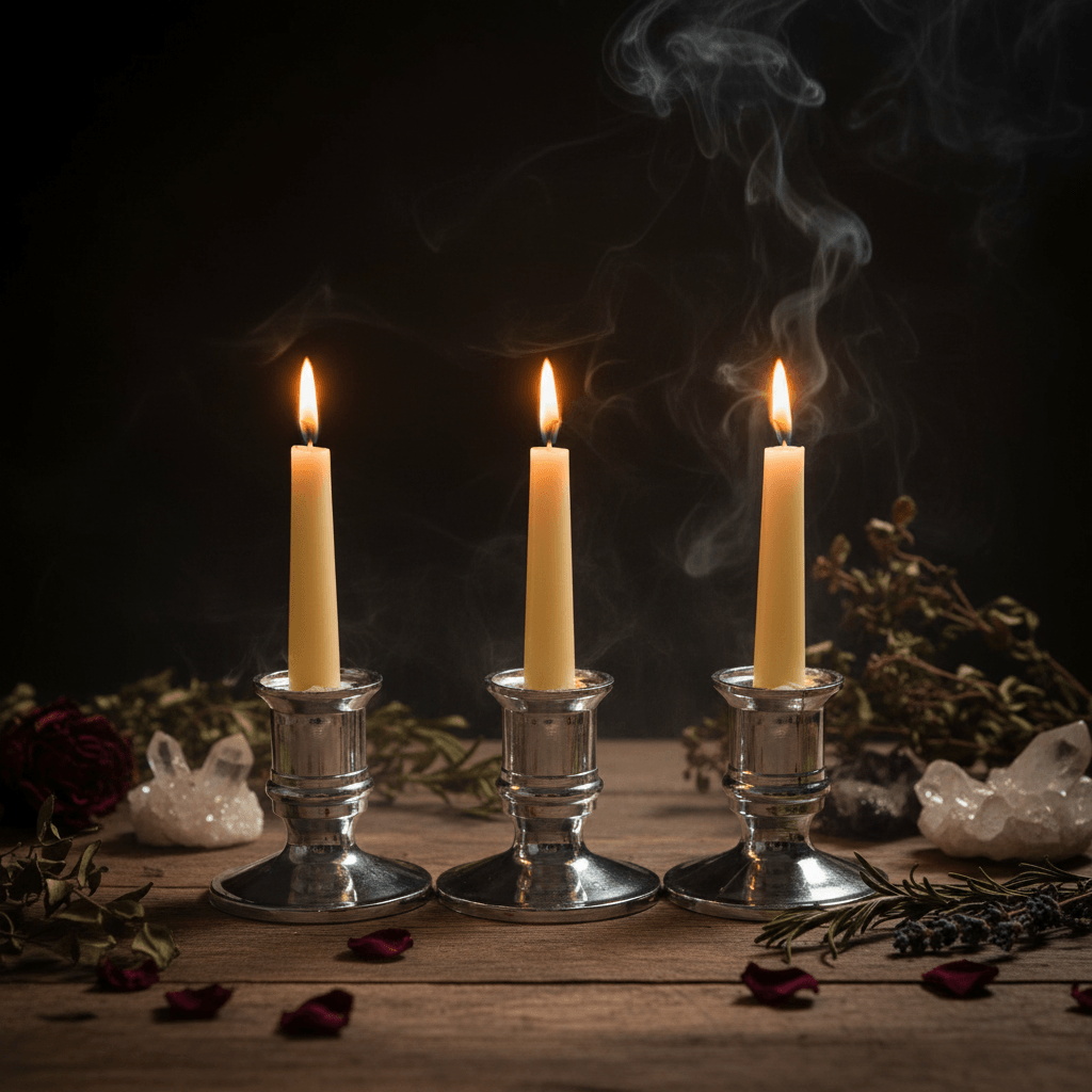 Three metallic candle holders on a wooden surface with a blurred background of a cup and woven basket.