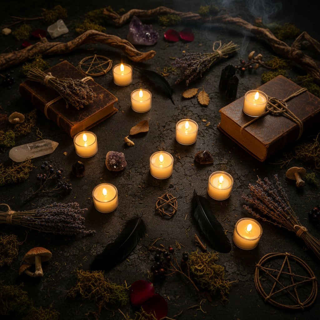 Candle lights arranged around an open book on a flat surface