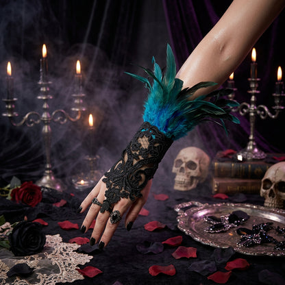 Halloween Feather Gloves and Lace Accessories Set Sorceress Sanctuary