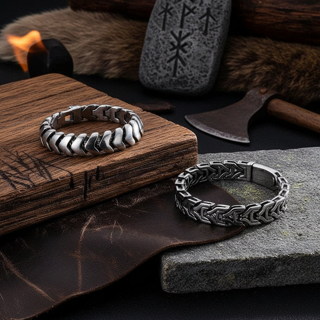 Two silver-toned chunky chain-link bracelets displayed on a dark textured surface, with one bracelet resting on a black box and the other placed below it.