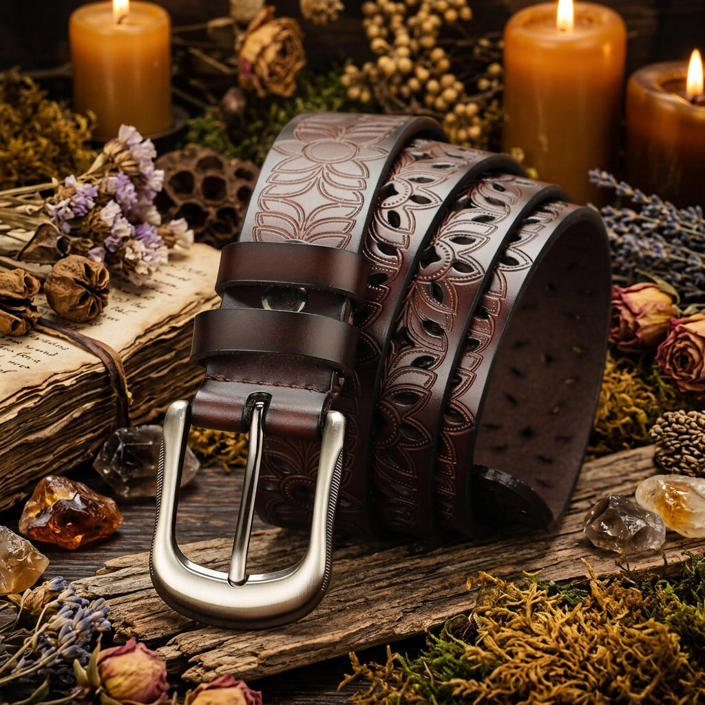 Brown leather belt with silver buckle on a brown surface