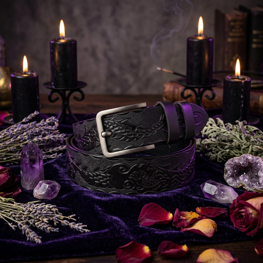 Black leather belt with embossed design and bronze buckle on a white background