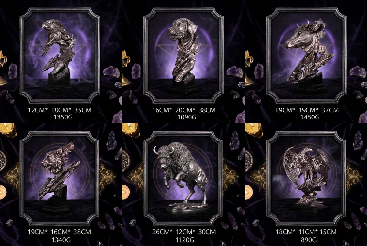 Six metallic animal head sculptures displayed in a 2x3 grid on a white background, each with its dimensions and weight listed below in centimeters and grams.